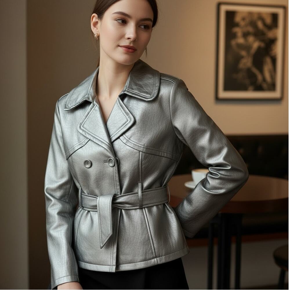 Rue21 Cropped Metallic Silver Faux-lLeather Belted Trench Coat